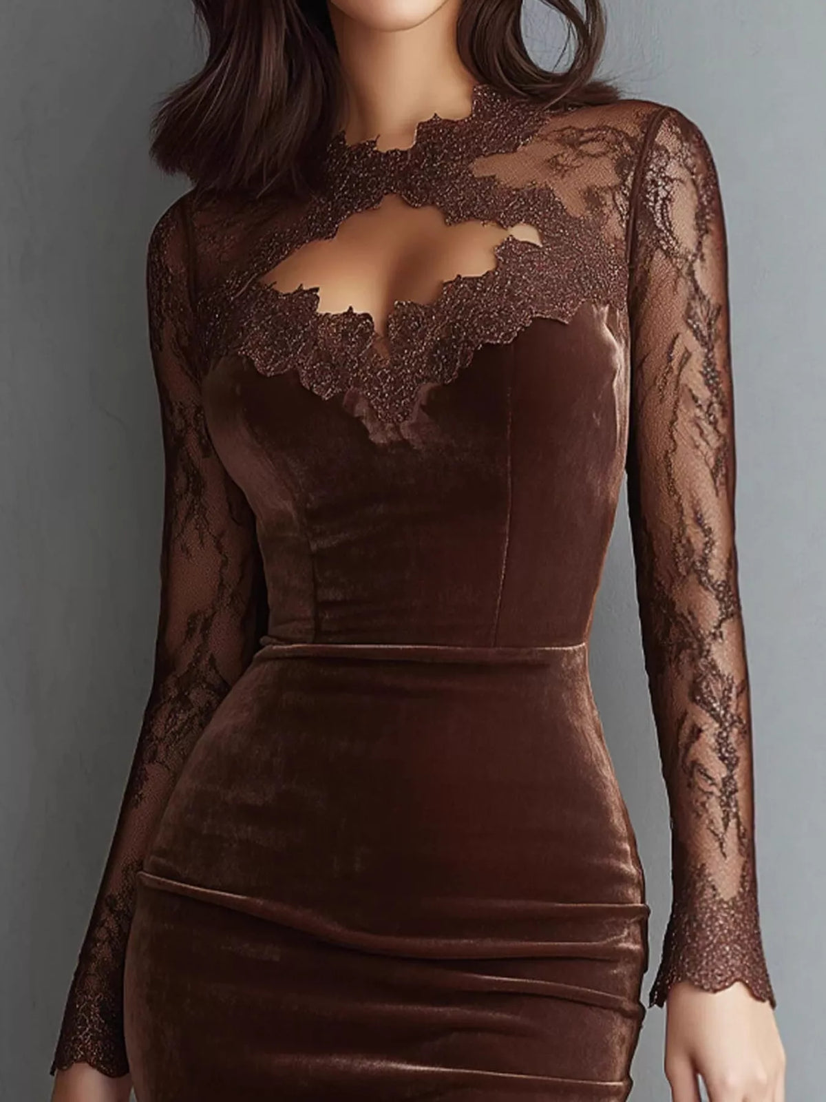 Velvet and lace dress, brown neckline front