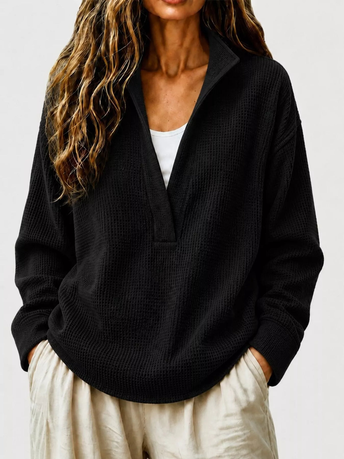 Black Waffle Knit Dropped Shoulder Sweatshirt front view