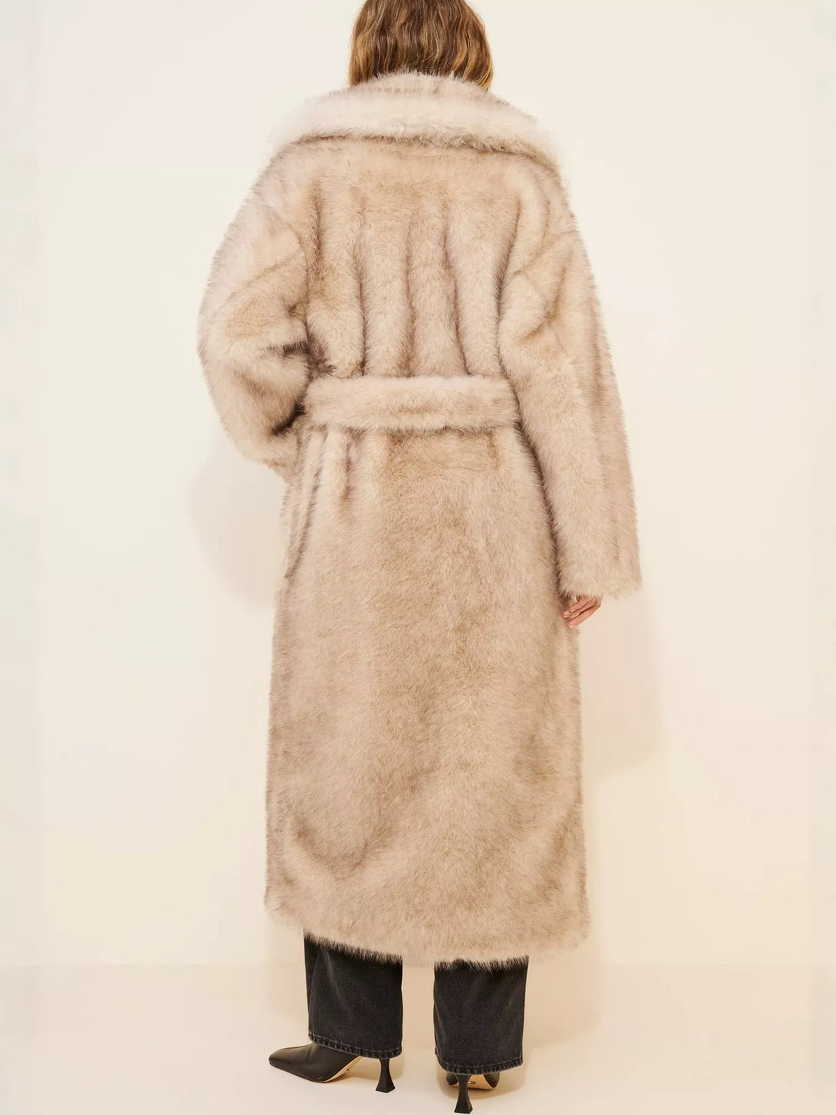 Lapel Collar Faux Fur Longline Coat with Pockets, back view in light apricot