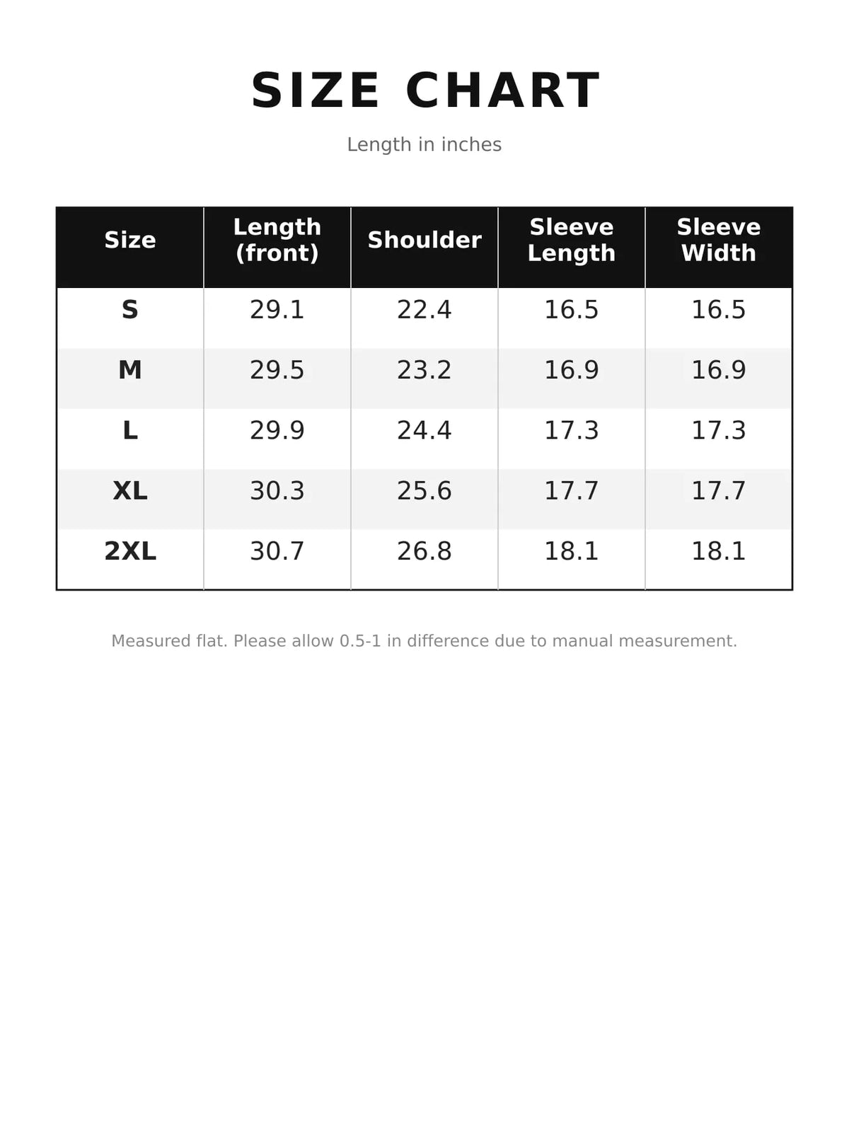 Button-Up Dropped Shoulder Denim Shacket — size and measurement chart