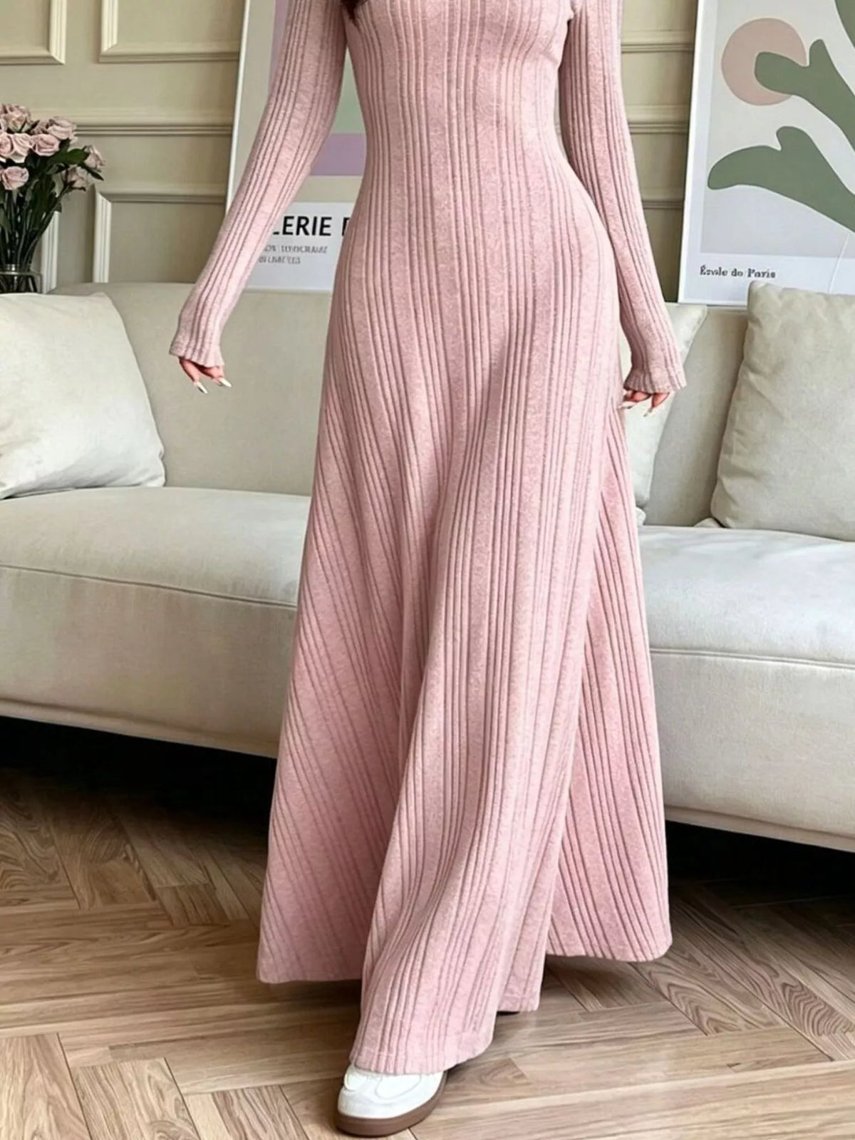 Pink ribbed long-sleeve dress, skirt detail