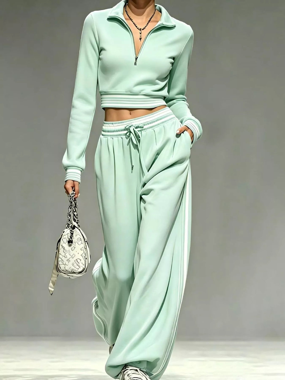 Green half-zip crop top and pants set, full front view