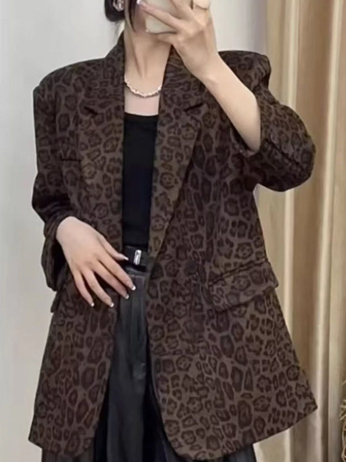 Brown leopard leopard print oversized blazer — front view