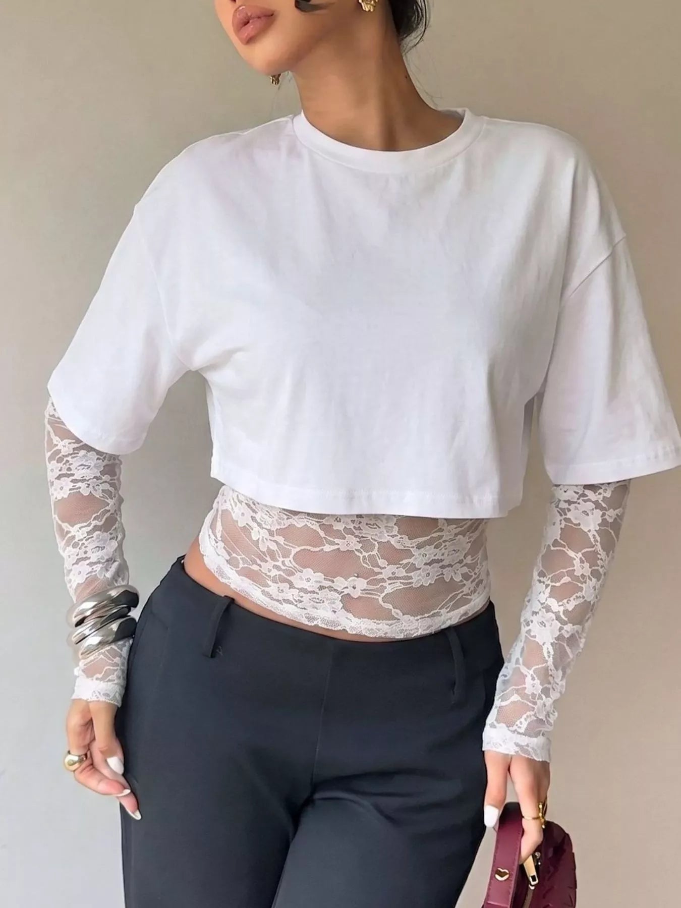Trendsi Lace Patchwork Short Sleeve T-Shirt -