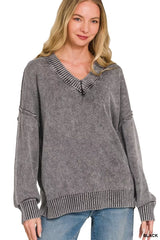Trendsi Zenana Washed Deep V-neck Oversized Sweater - Shirts