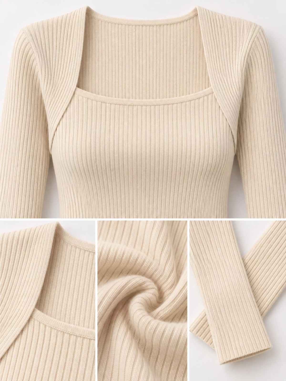 Apricot square neck ribbed knit slim-fit top