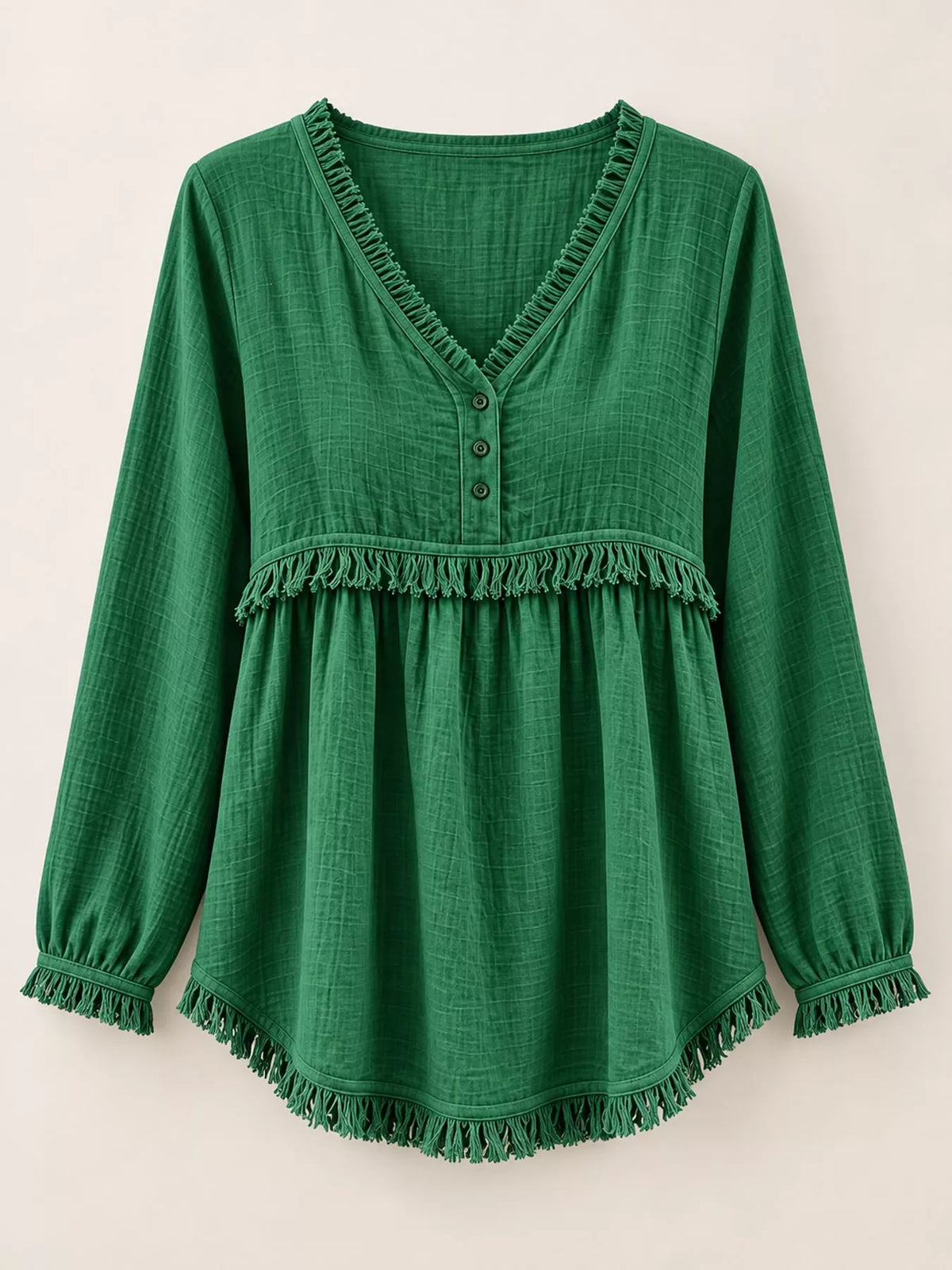 Fringe-trim blouse, green hanging front