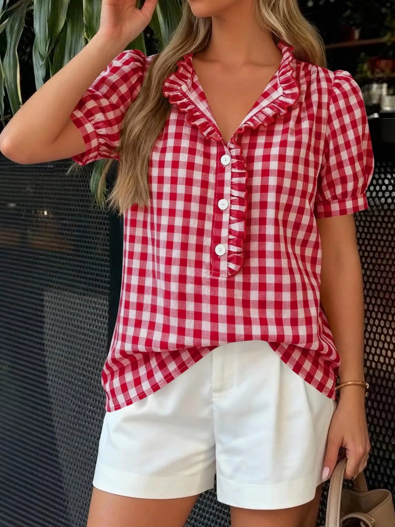 Trendsi Gingham Button Front Puff Sleeve Blouse -