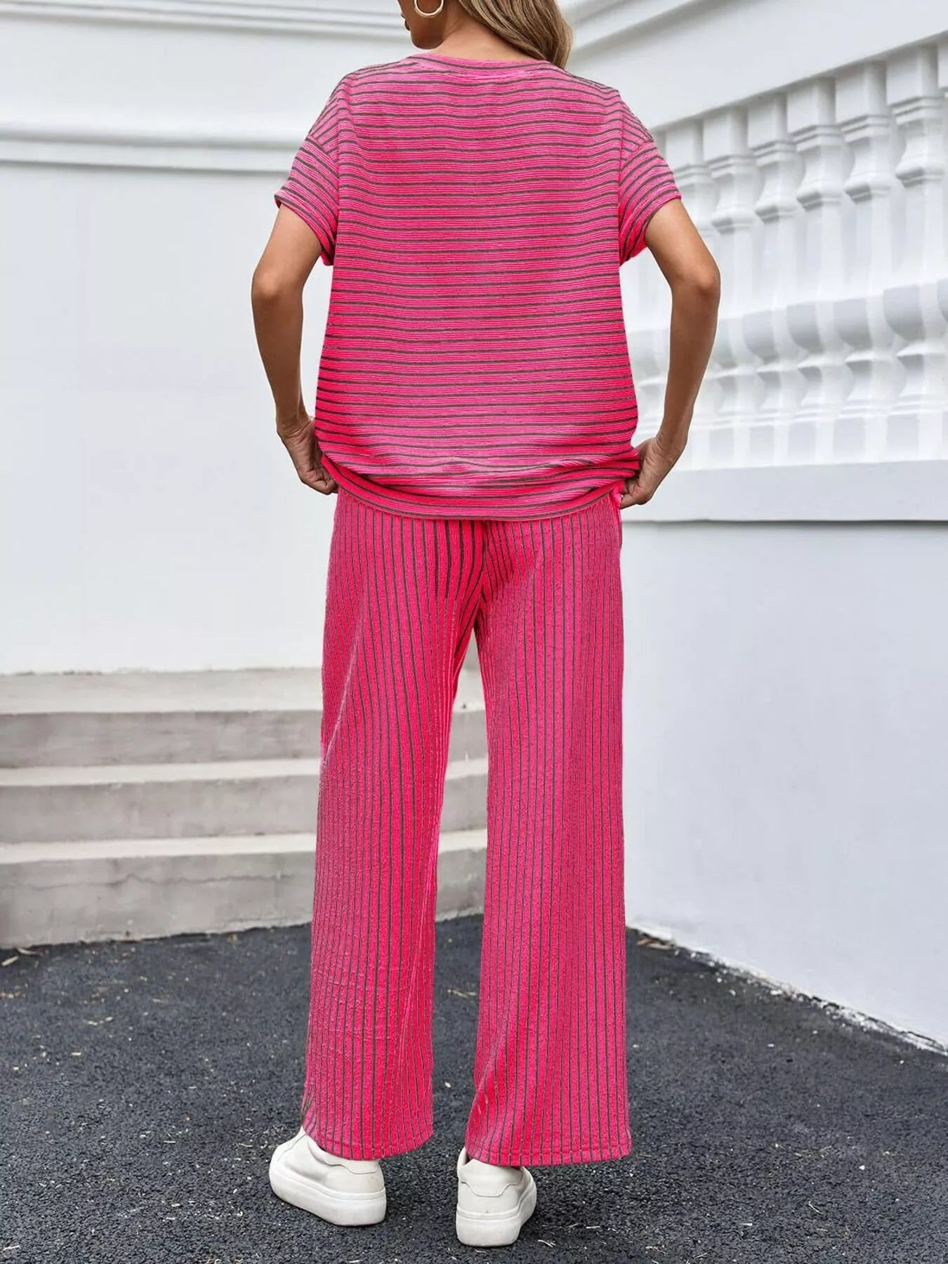 Trendsi Casual Striped Short Sleeve Top and Wide Leg Pants Two-Piece Set -