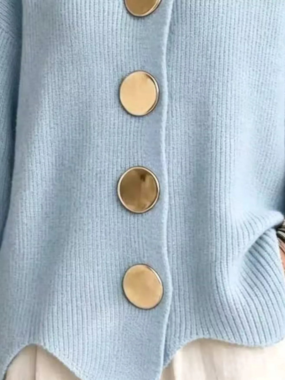 Women's Ribbed Knit Gold Buttons Cardigan in light blue — button detail view
