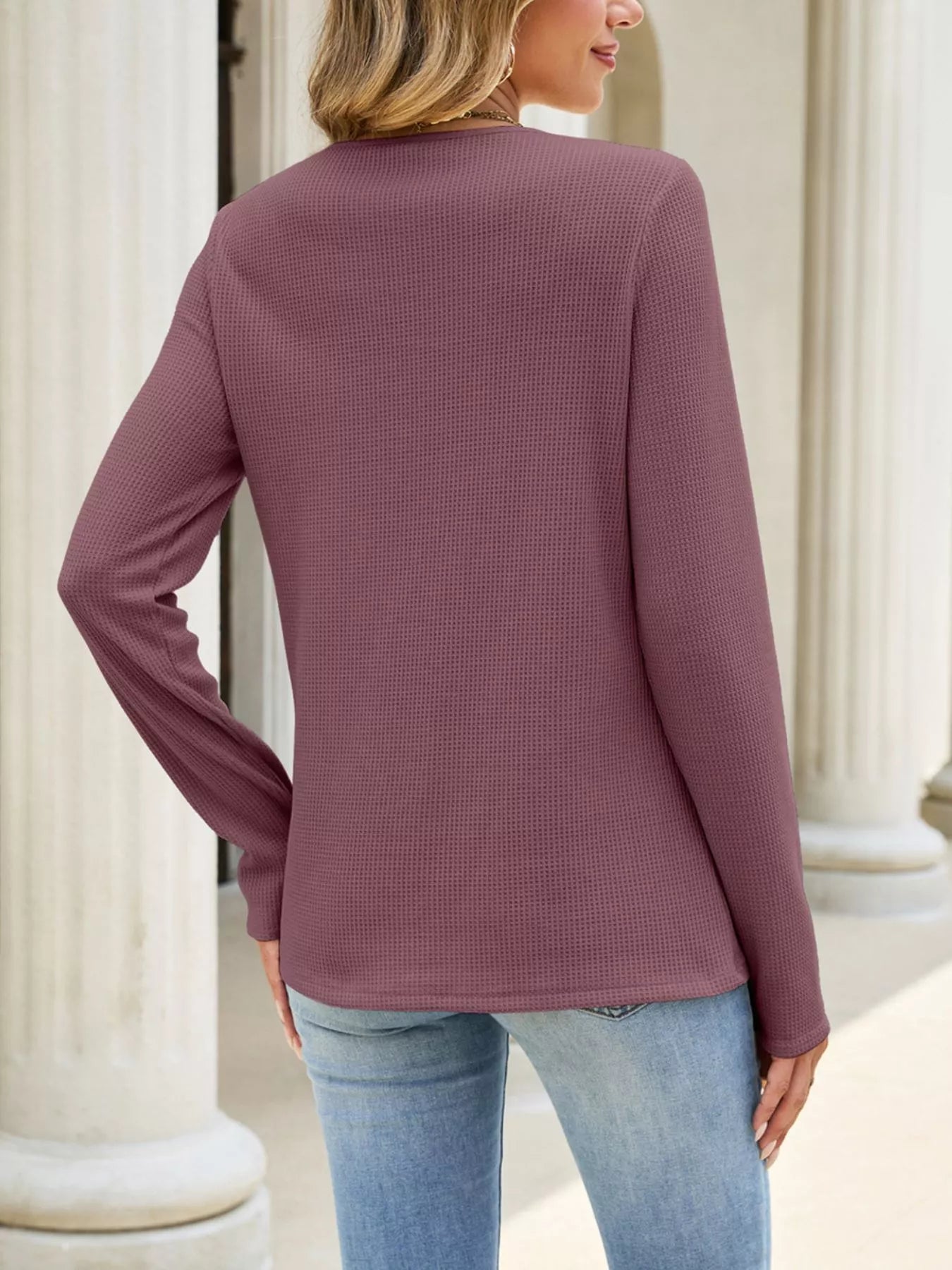Trendsi Lace Panel Waffle Knit Long Sleeve T-Shirt -