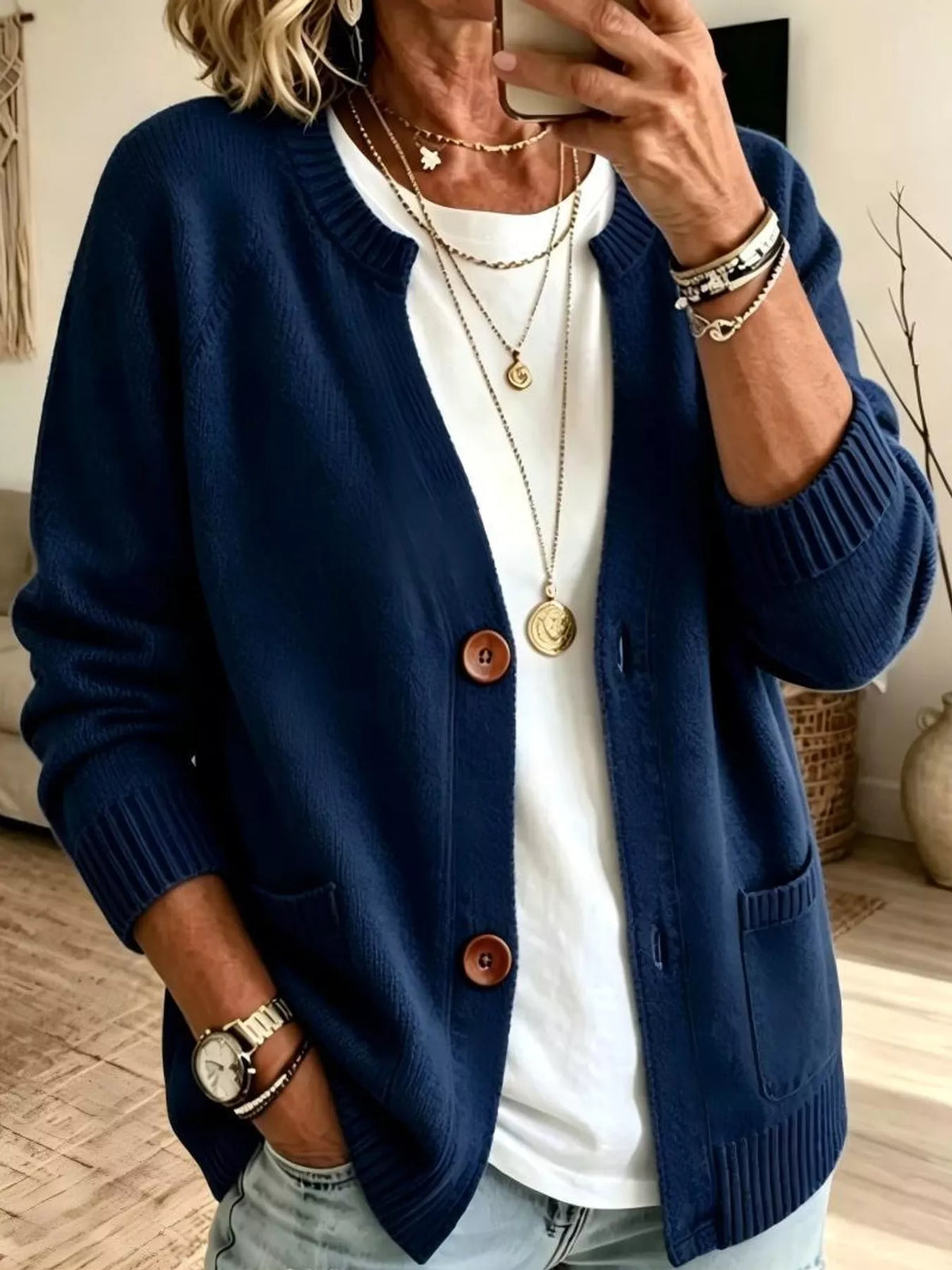 Women's Button-Down Knit Cardigan in navy — front view
