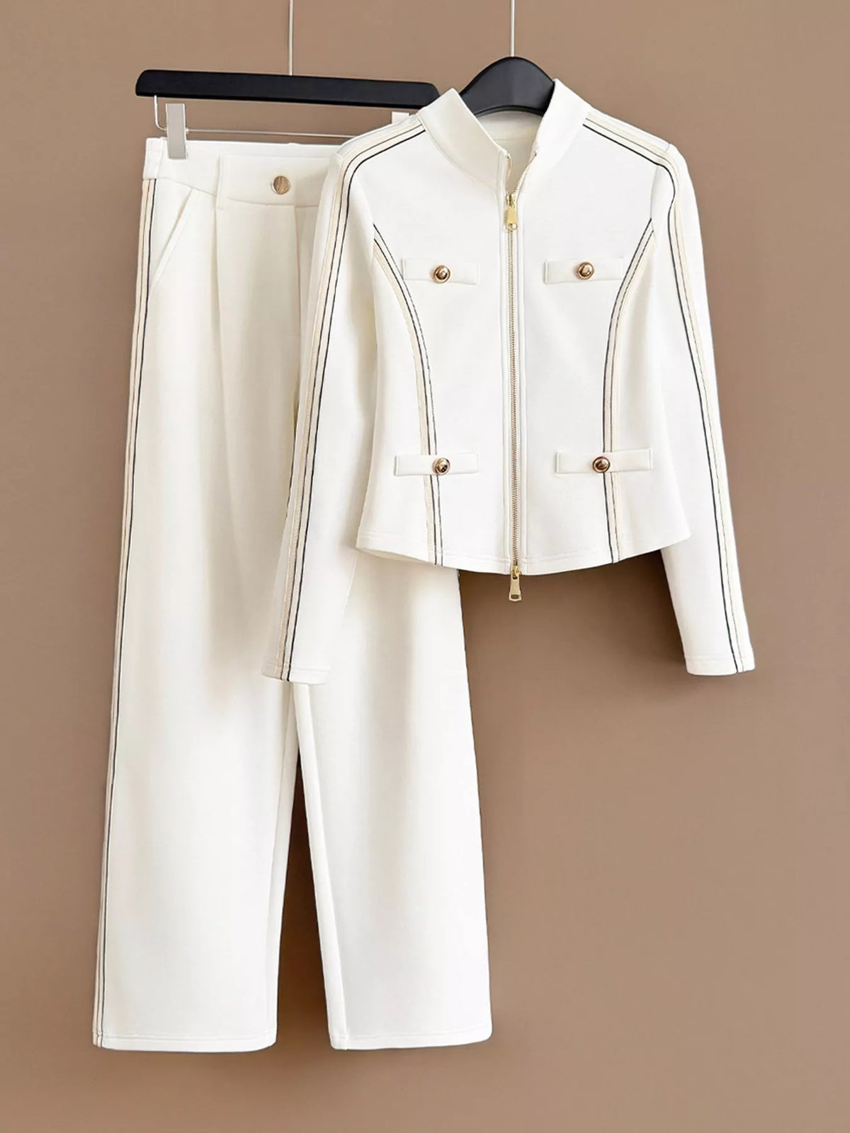 Zip-Up Jacket and Wide-Leg Pants Set in white