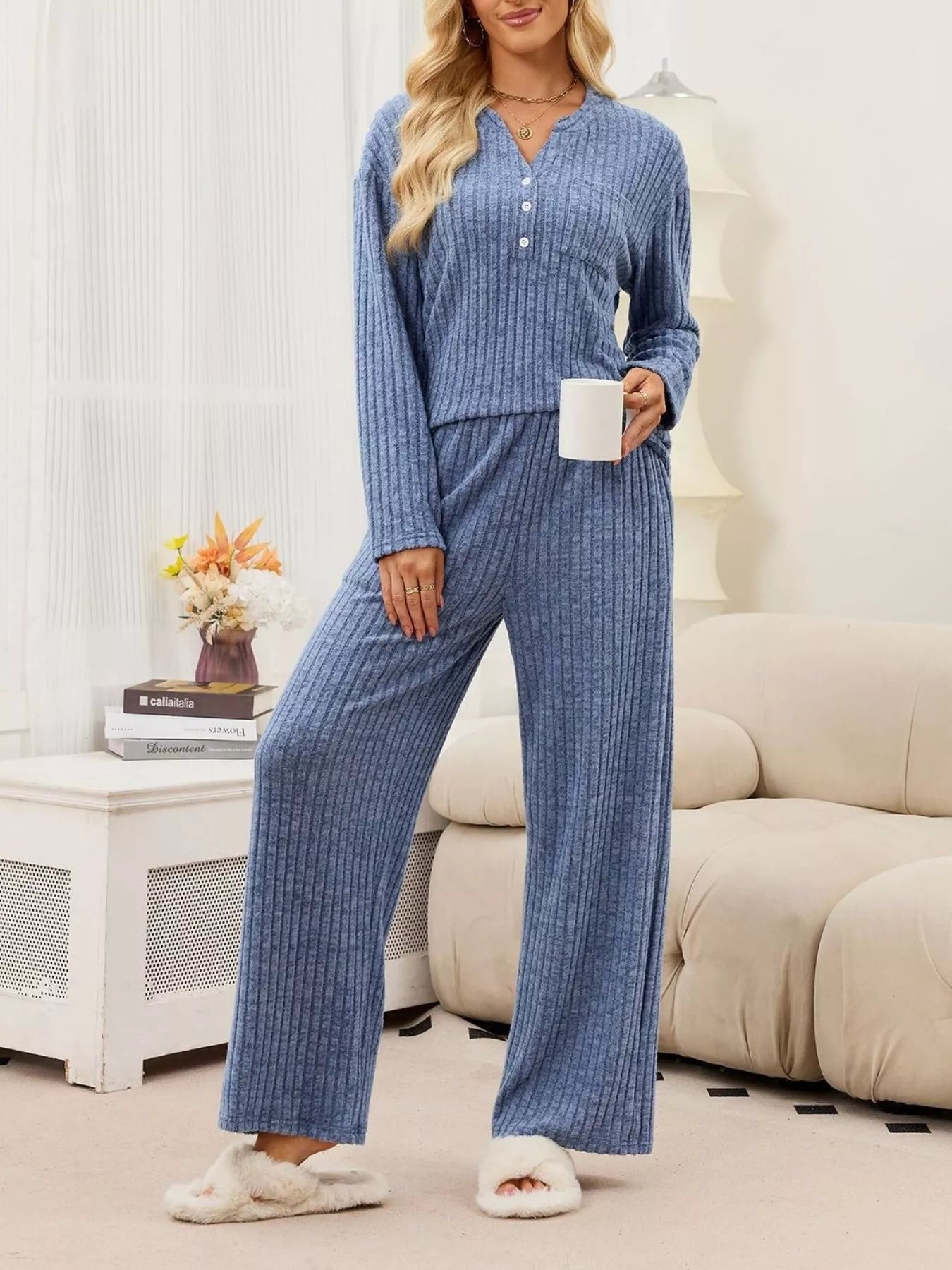 Trendsi Ribbed Knit Top and Wide-Leg Pants Set -