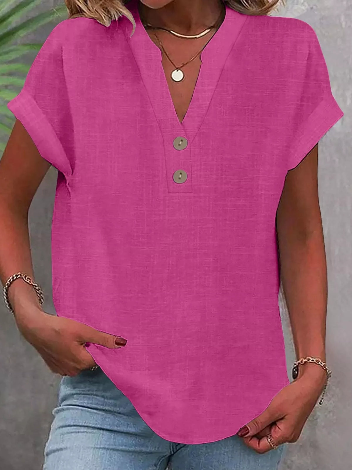 Fuchsia button detail short sleeve blouse, front view