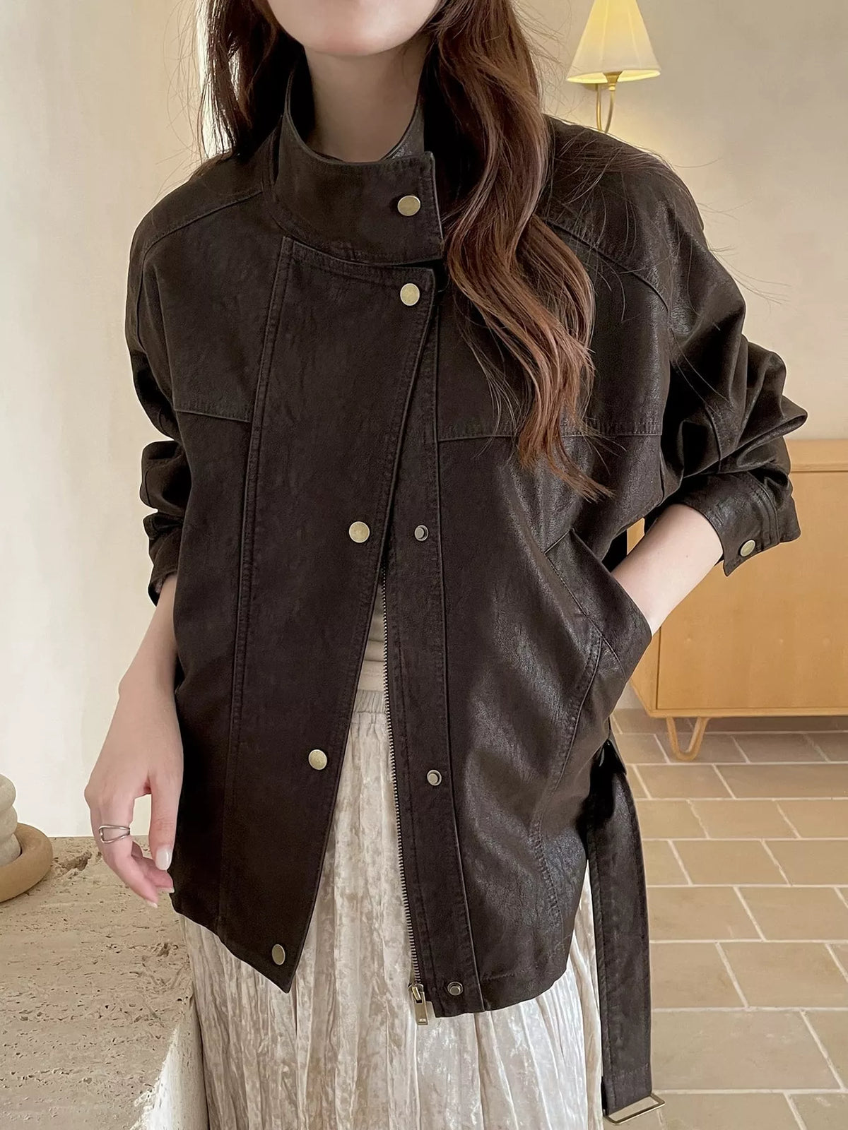 Brown snap down long sleeve jacket