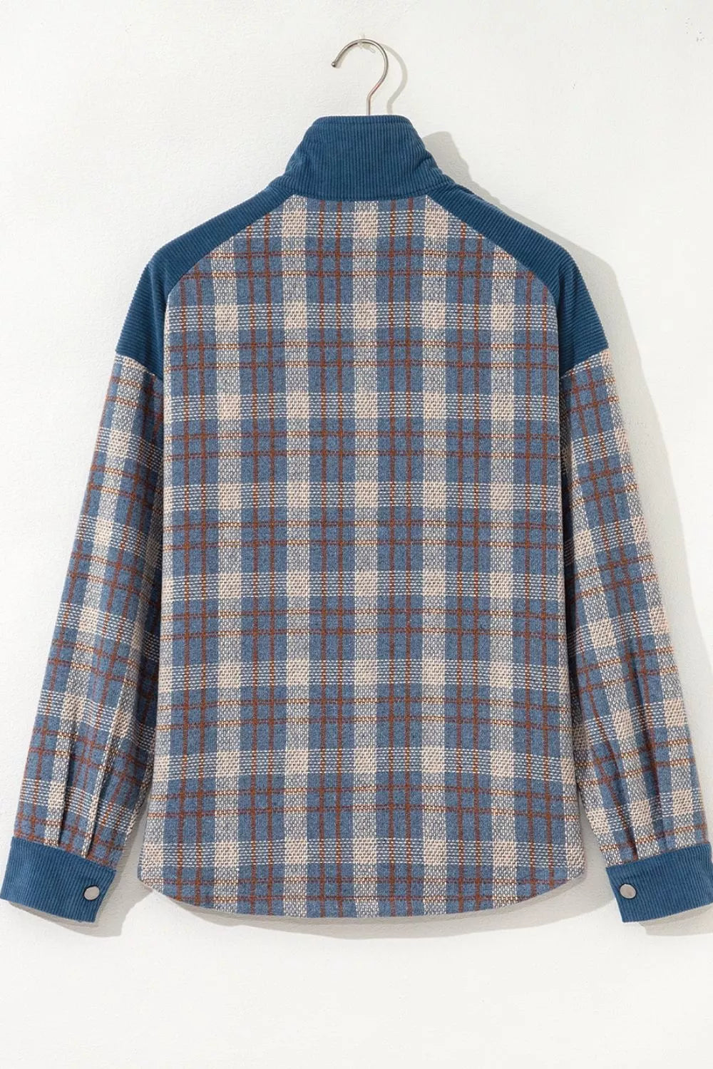 Trendsi Plaid Corduroy Patchwork Collared Zip Up Snap Button Jacket -