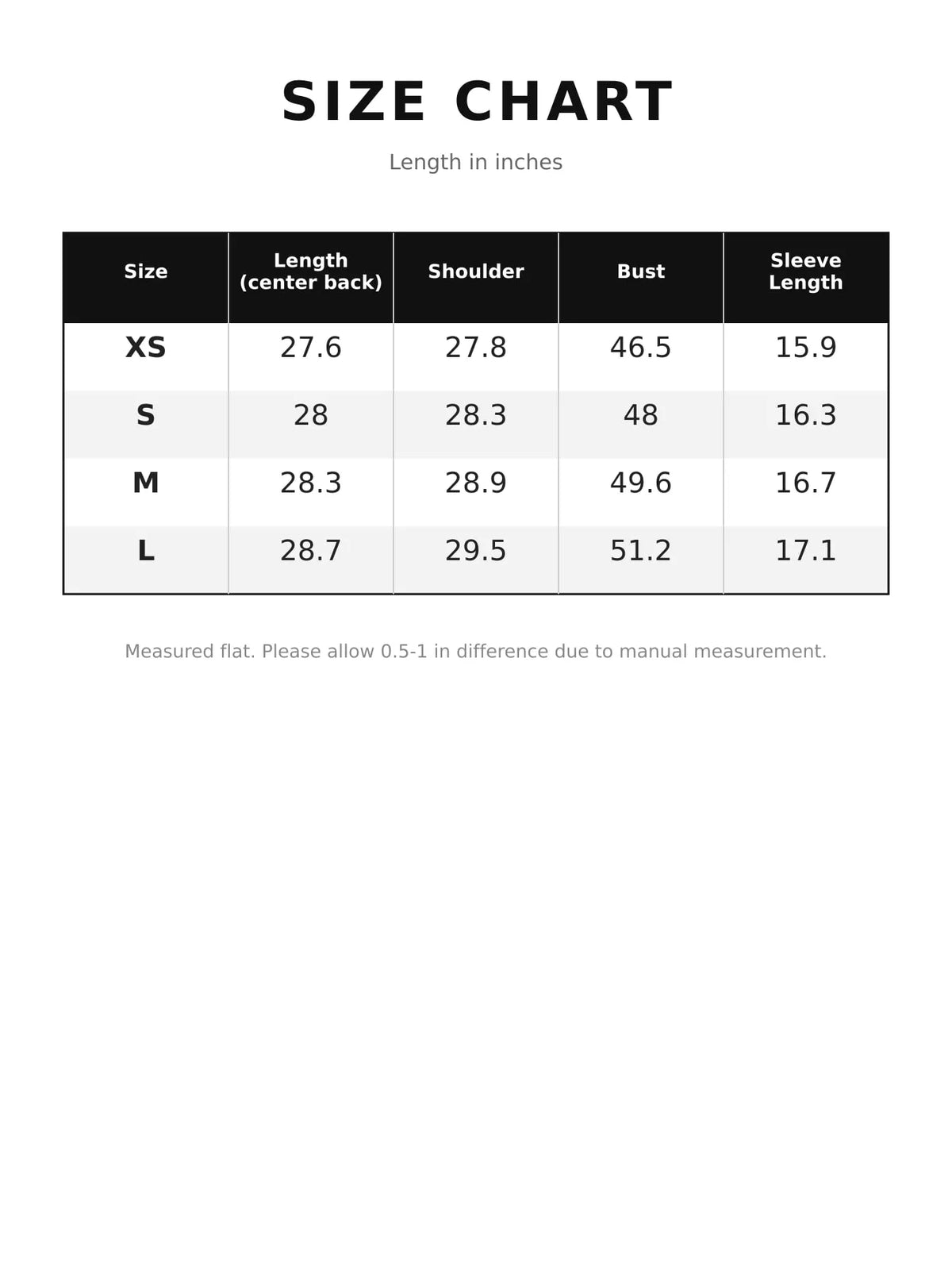 Size chart for button-down dropped shoulder denim jacket