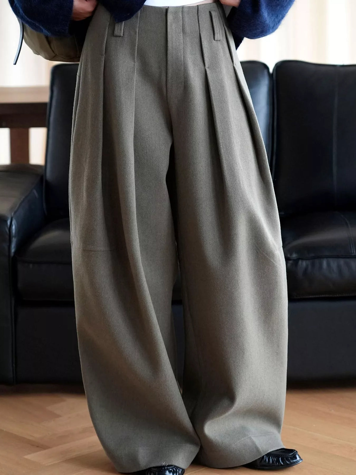 Pleated Wide-Leg Pants in gray-green, front view