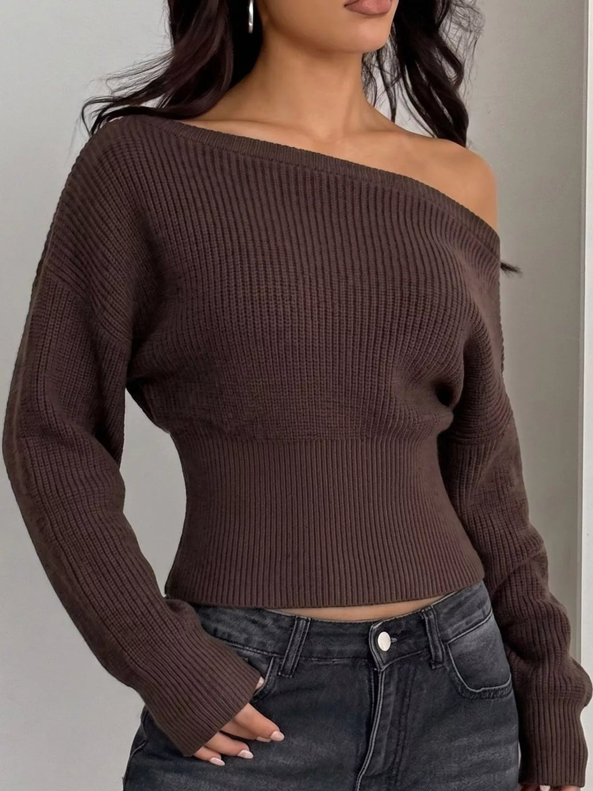 Brown one shoulder ribbed knit sweater