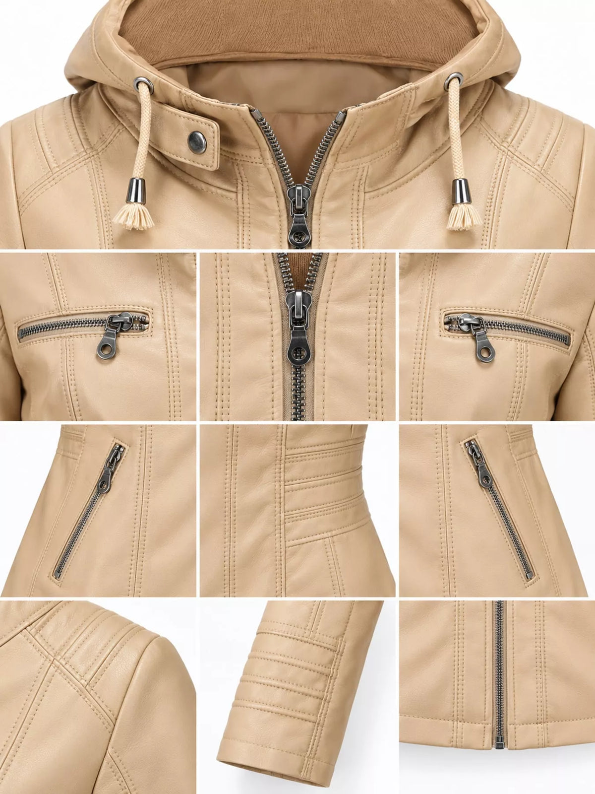 Hooded faux-leather jacket, beige garment details