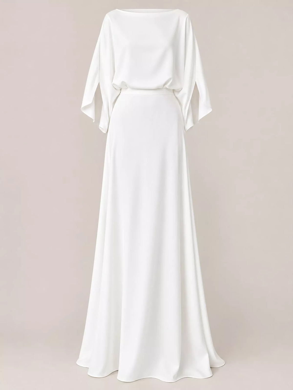 White satin cape sleeve maxi dress, front view