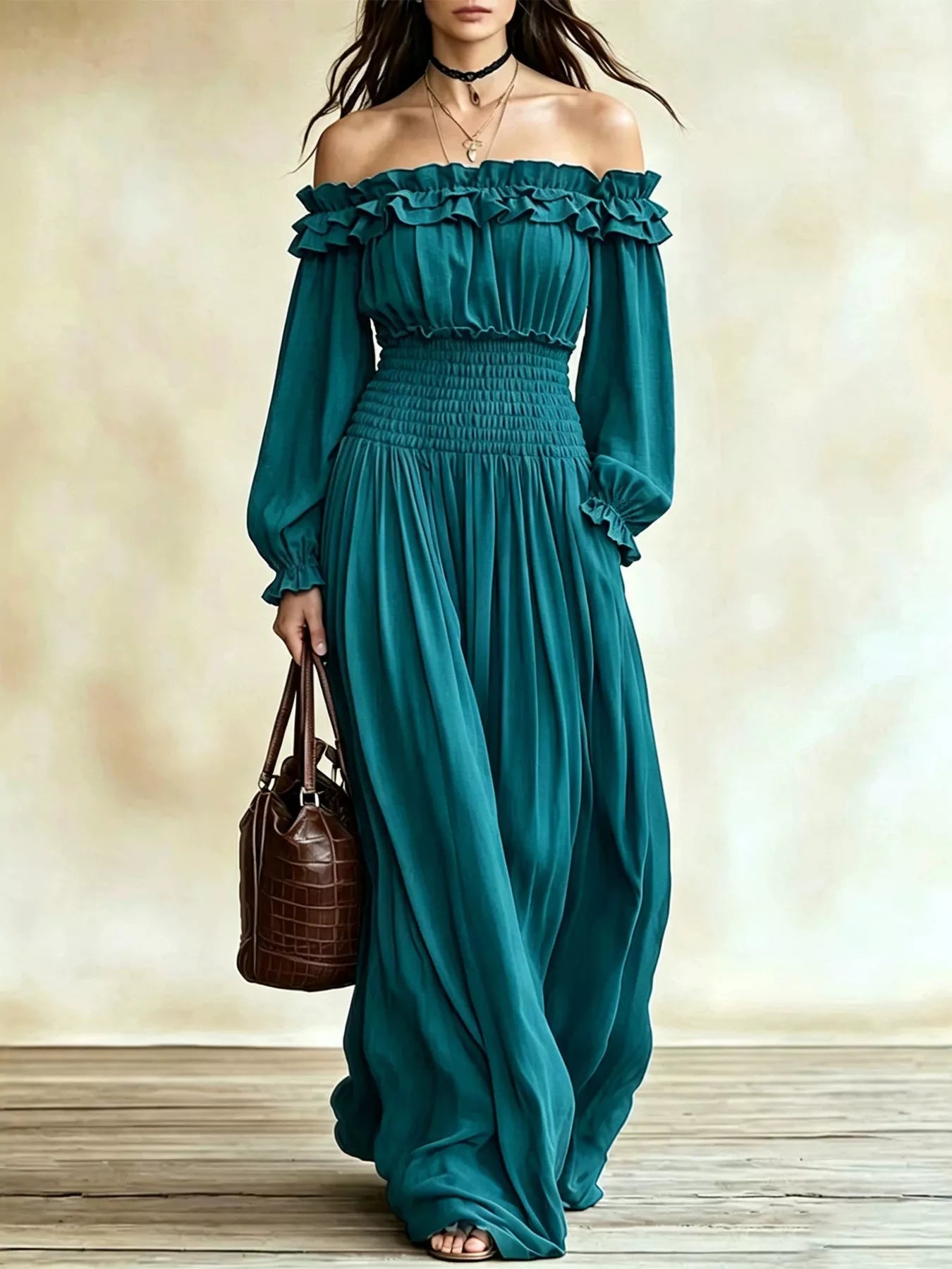 Trendsi Full Size Off-Shoulder Ruffled Maxi Dress with Smocked Waist Plus Size -