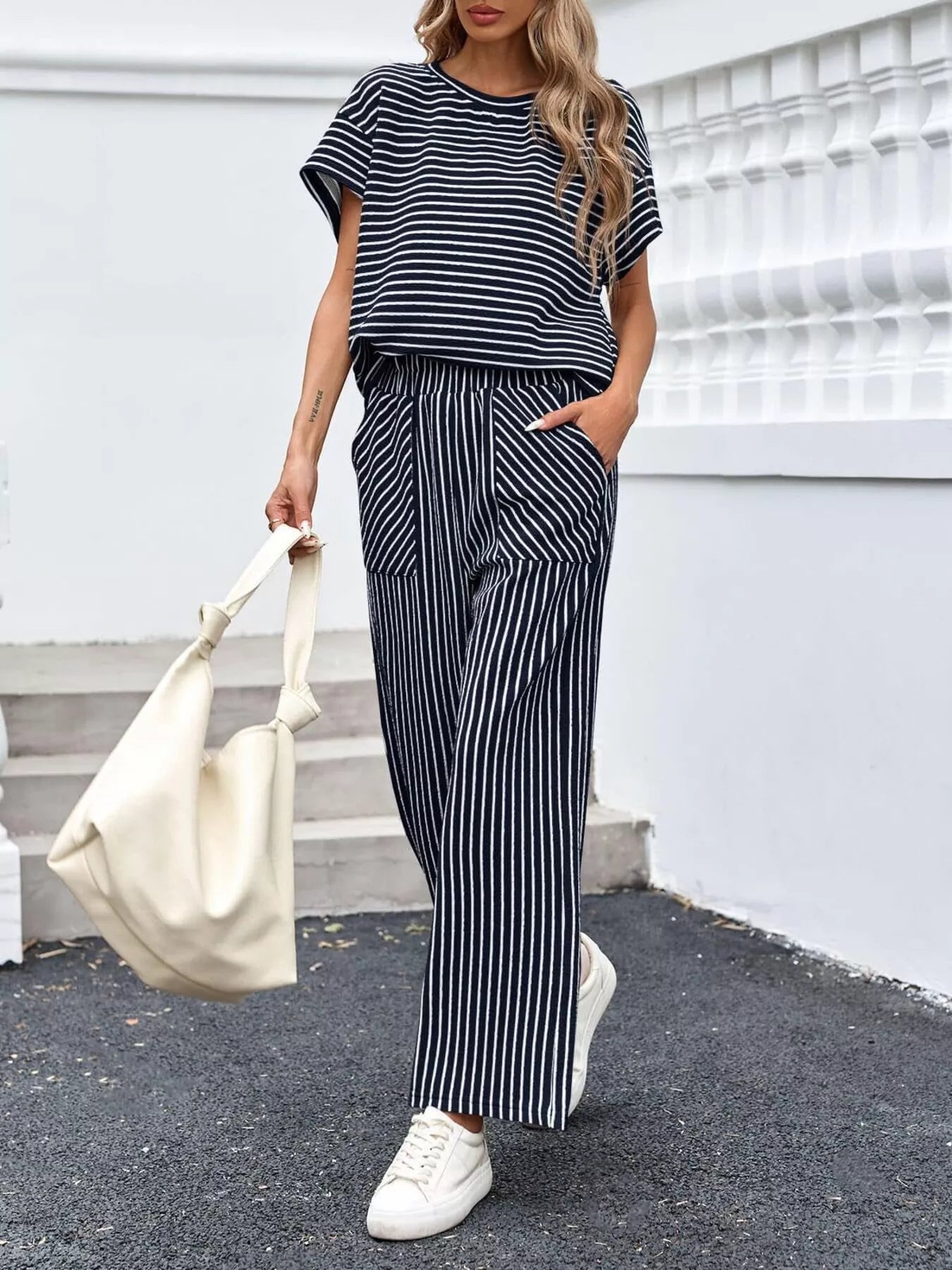 Trendsi Casual Striped Short Sleeve Top and Wide Leg Pants Two-Piece Set -