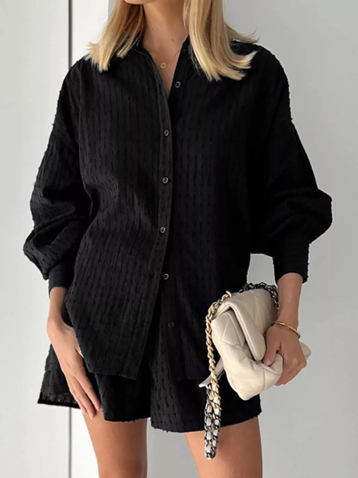 Women's Textured Button-Down Shirt and Shorts Set in black — front view