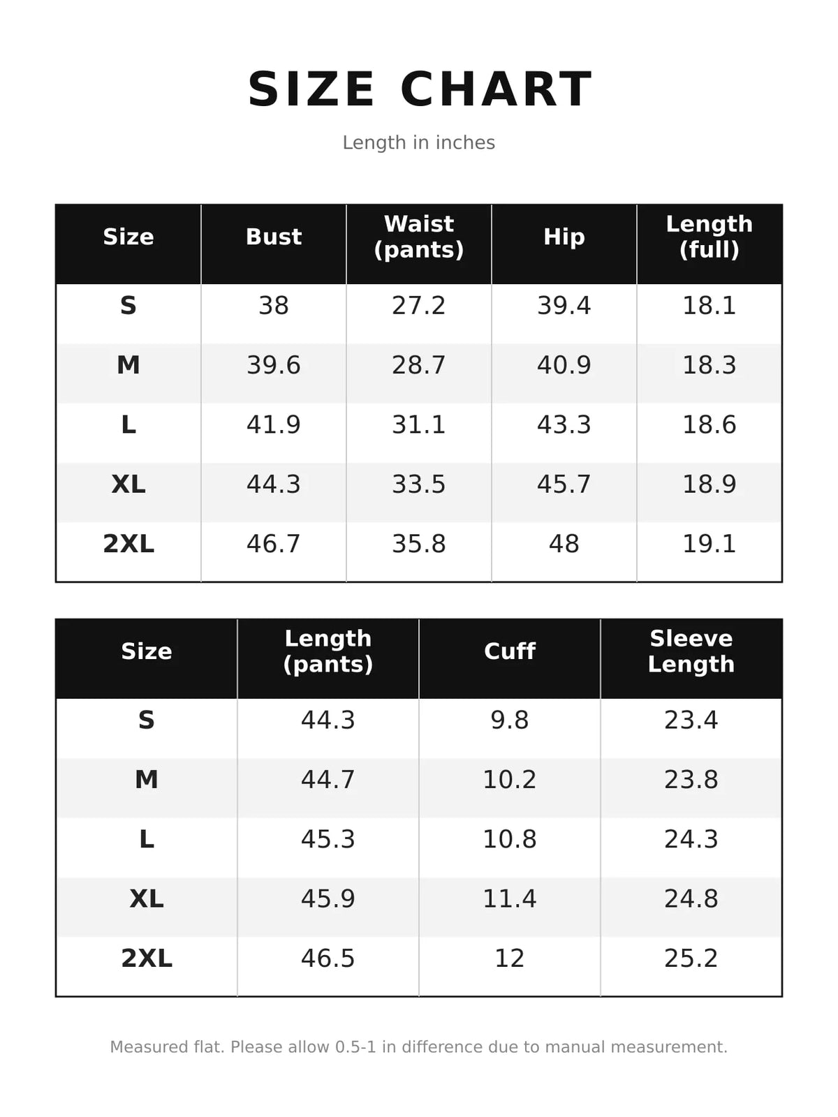 and Wide-Leg Pants Two-Piece Set — size and measurement chart