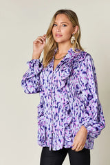 Trendsi Double Take Full Size Printed Ruffle Trim Balloon Sleeve Shirt -