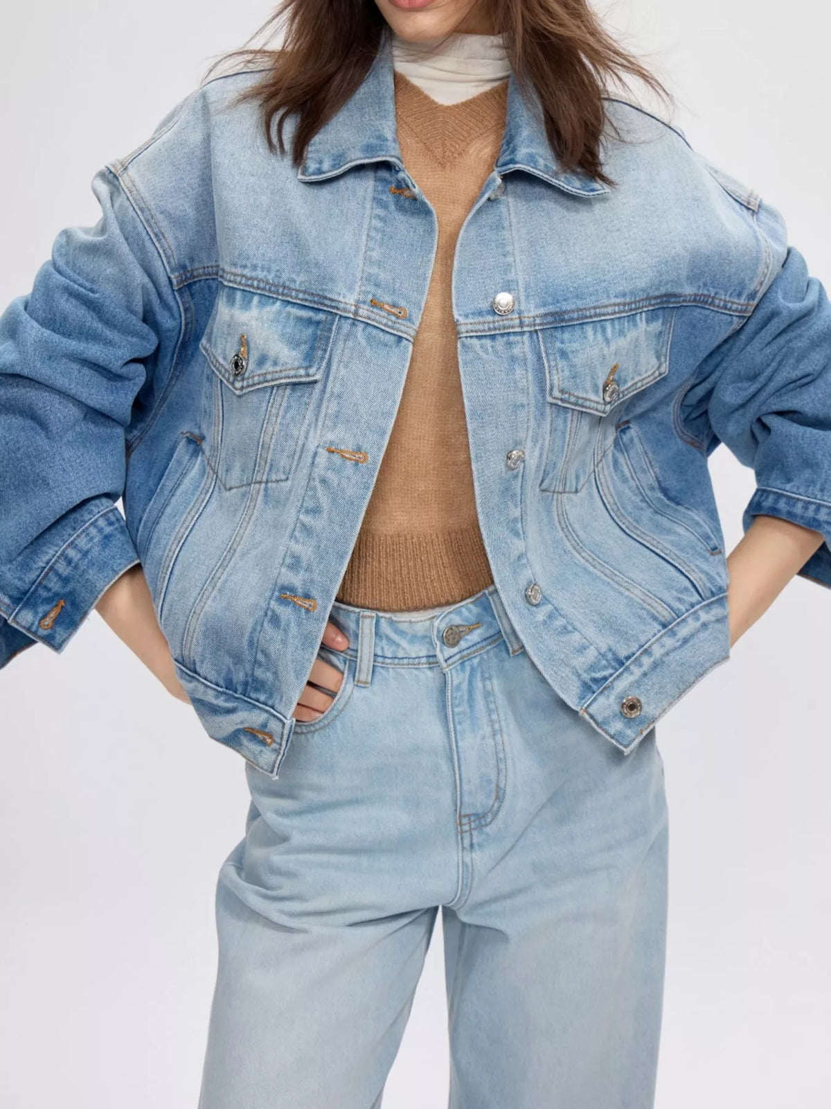 Drop-shoulder denim jacket, light blue front