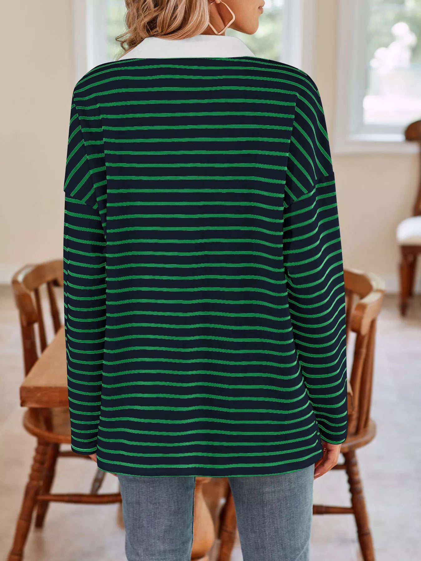 Trendsi Oversized Striped Johnny Collar T-Shirt -