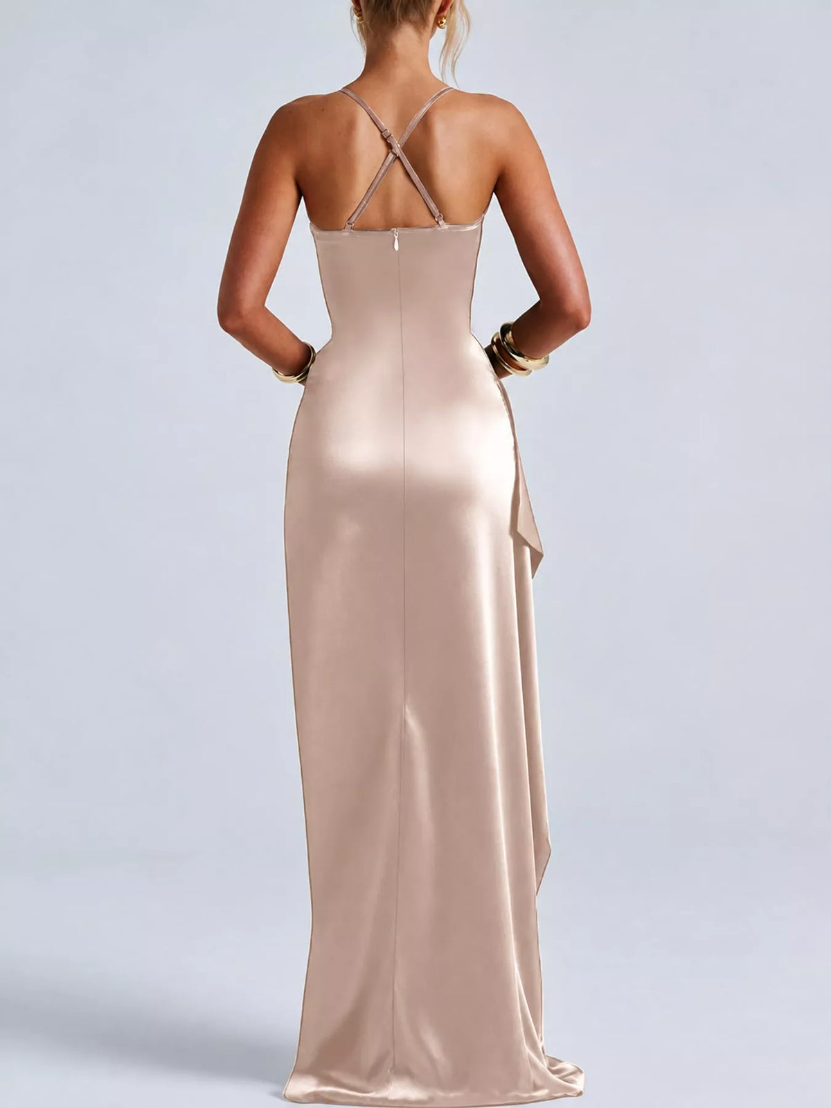 Champagne satin ruched high slit maxi dress, back view