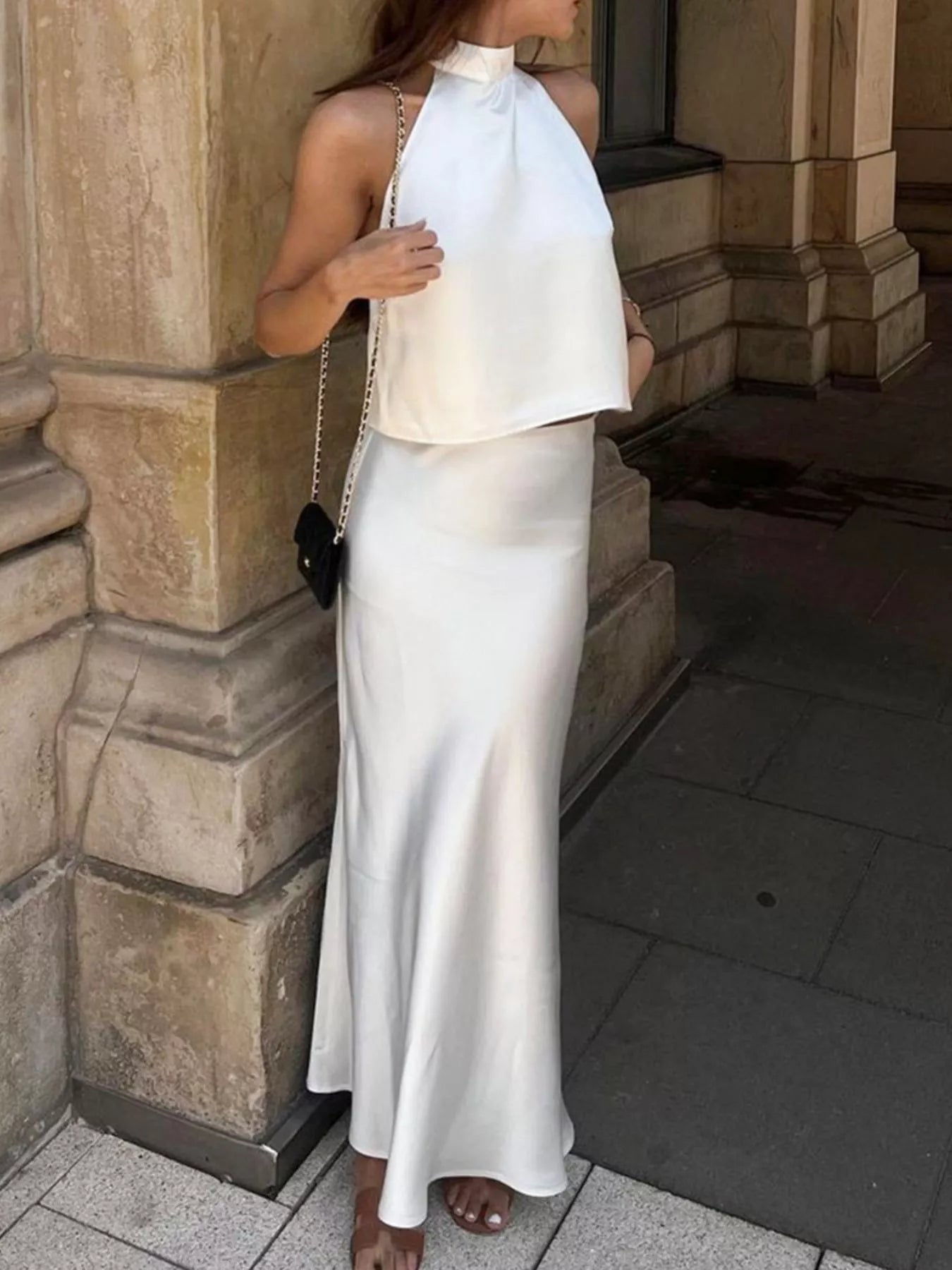 Trendsi Satin Halter Neck Top and Maxi Skirt Two-Piece Set -