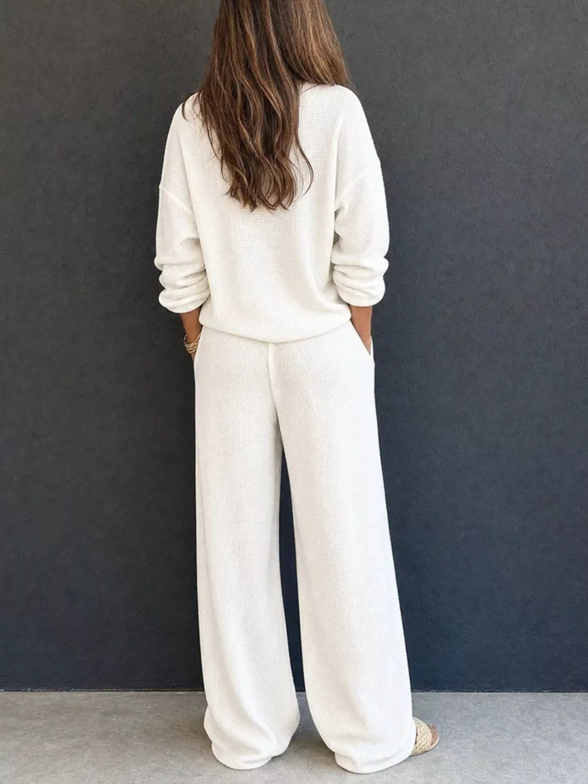Women's Waffle Knit Button Detail Top and Pants Set in white — back view