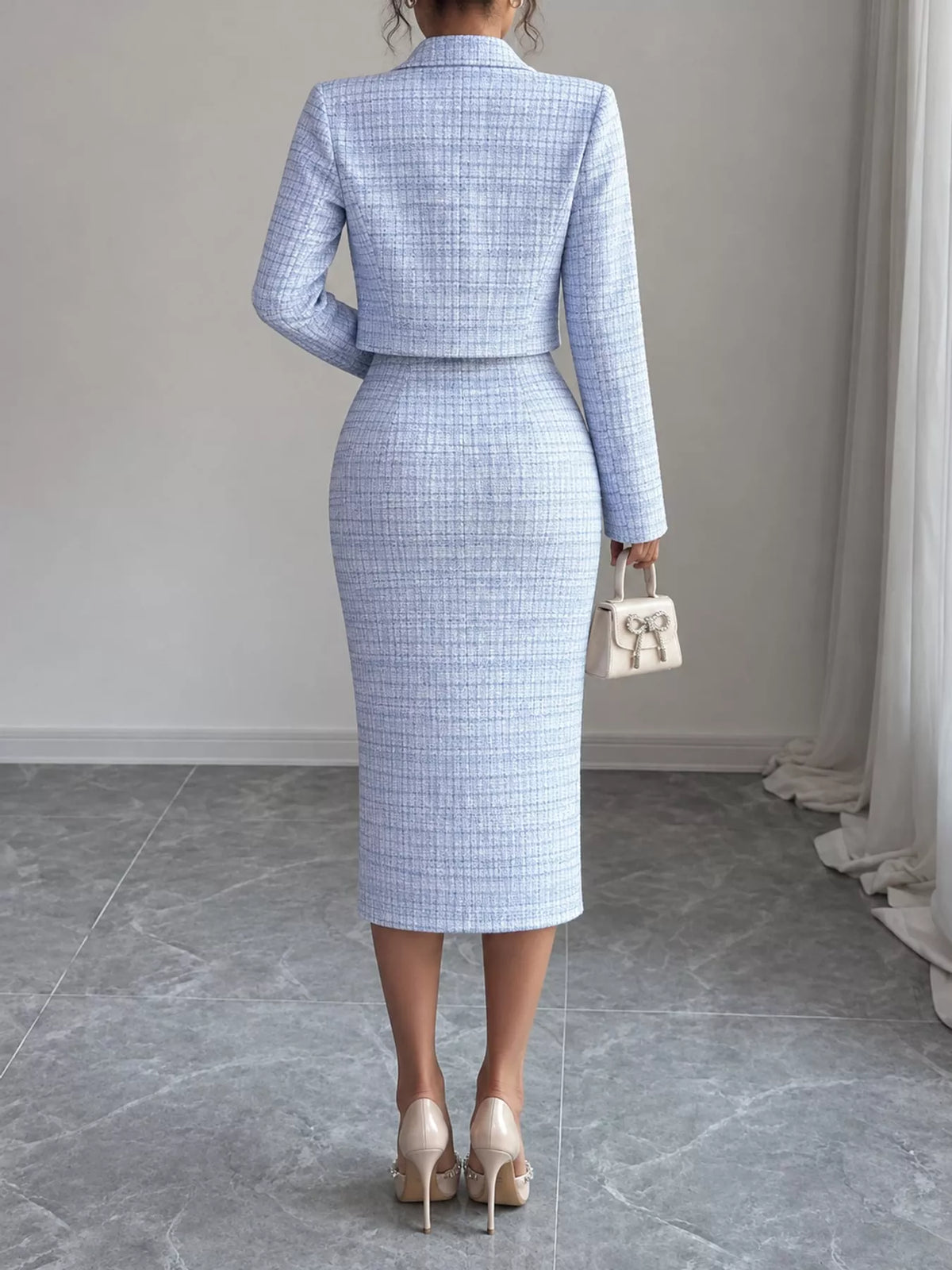 Tweed dress and cardigan set, blue back