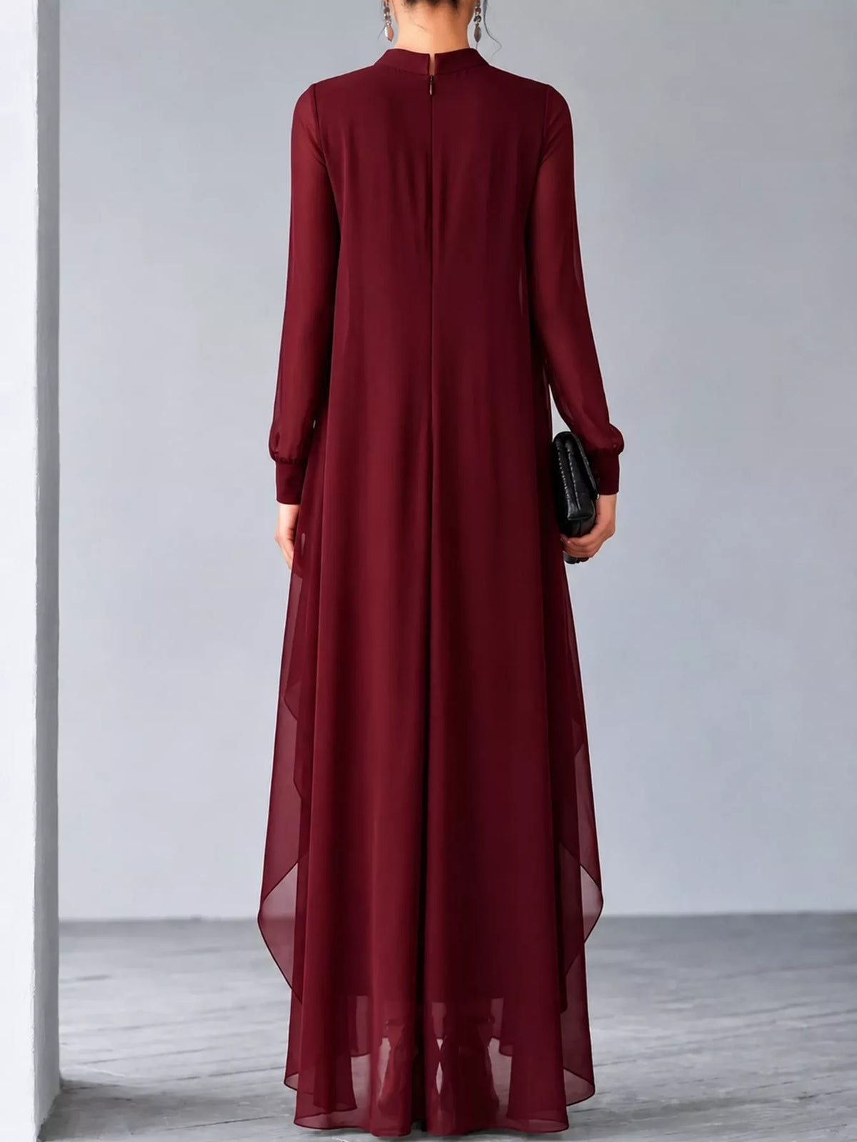 Sheer Sleeve Chiffon Layered Maxi Dress, back view in burgundy
