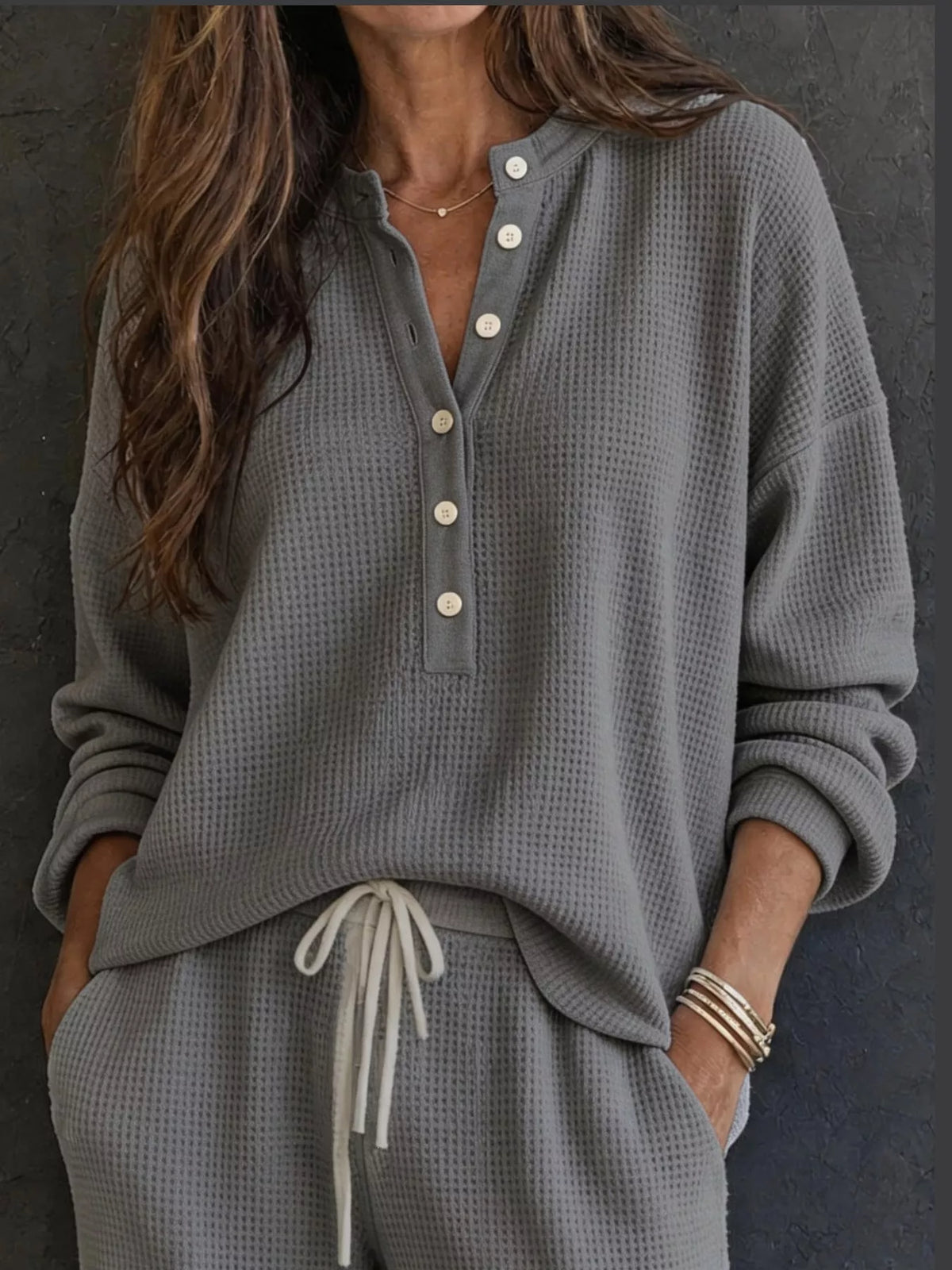 Gray waffle knit button detail top and pants set