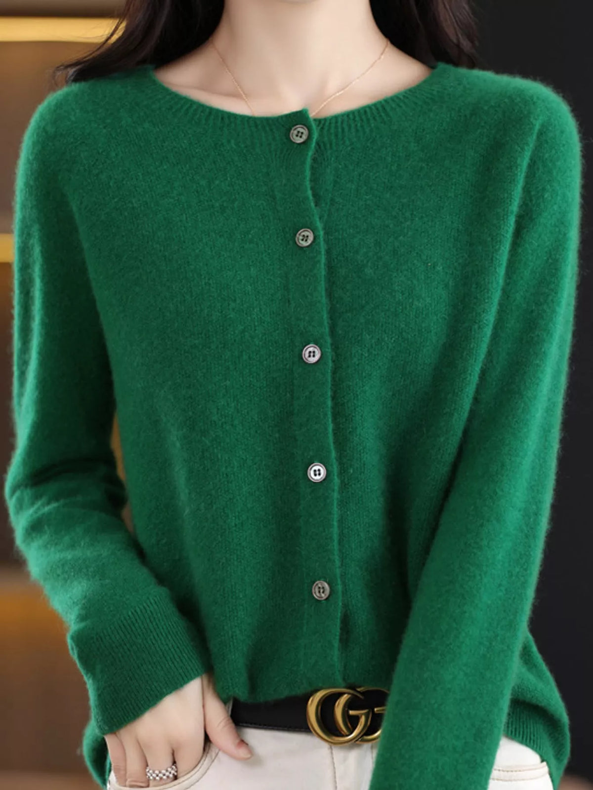 Round neck long sleeve cardigan, front view on model