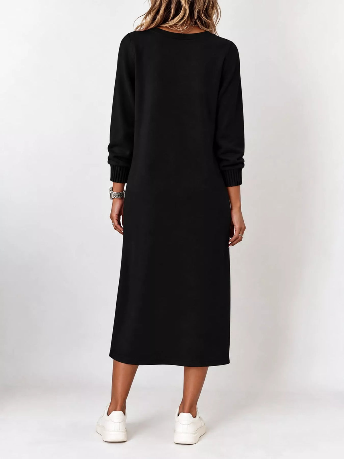 Women's V-Neck Long Sleeve Midi Dress in black — back view