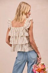 Trendsi BiBi Floral Printed Woven Front Bow Tied Ruffled Square Neck Sleeveless Top -