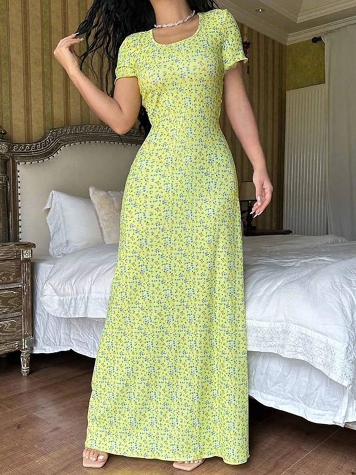Short-Sleeve Tie-Back Maxi Dress in yellow floral, front view