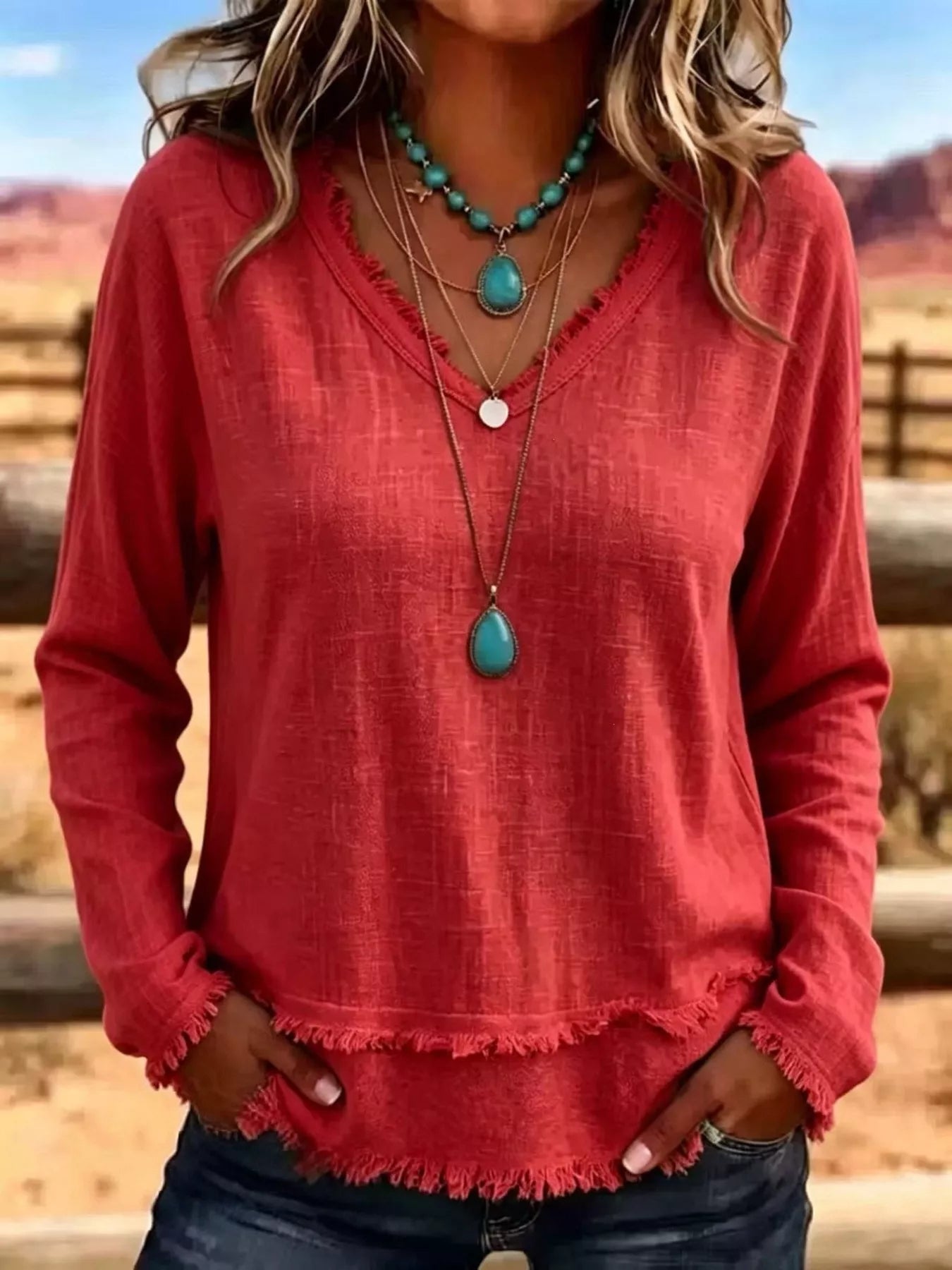 Trendsi V-Neck Long Sleeve Blouse with Frayed Hem Detail -