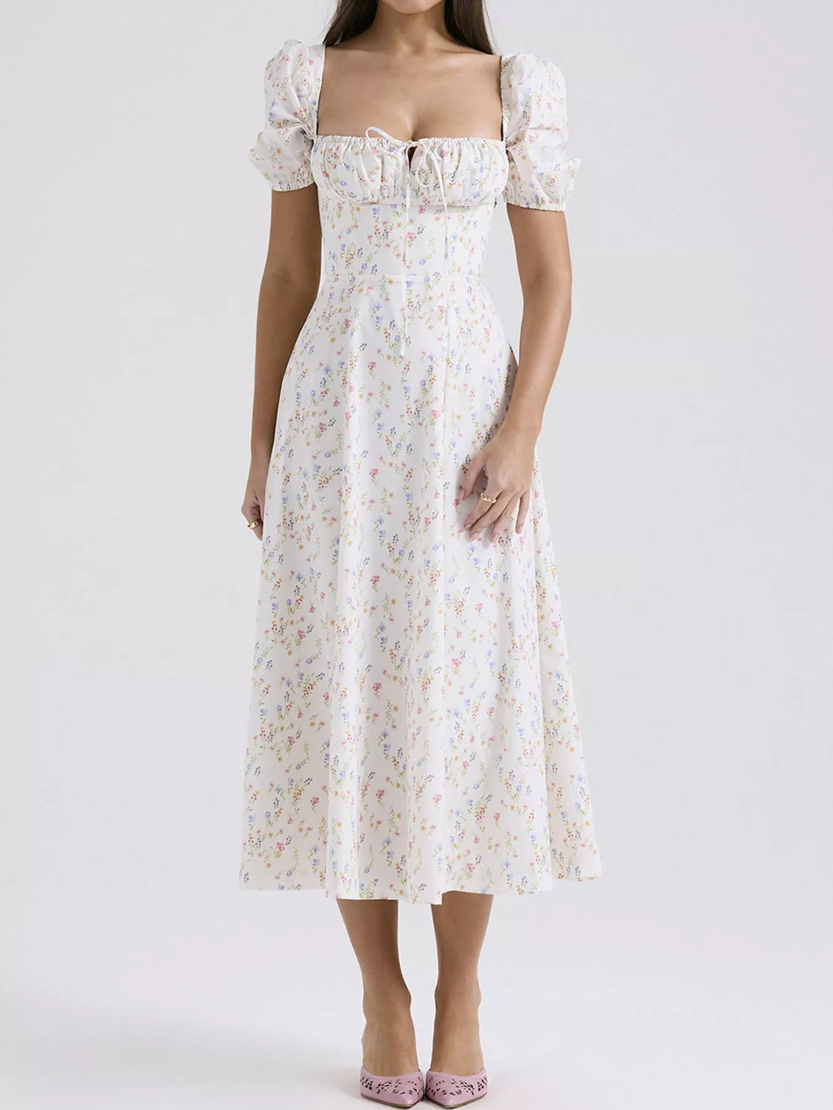 Women's Paneled Bodice Gathered Midi Dress in small floral — front view