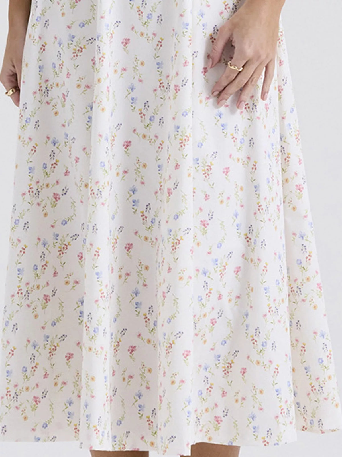 Women's Paneled Bodice Gathered Midi Dress in small floral — print detail view
