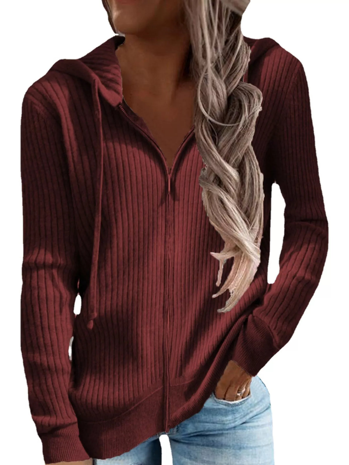 Burgundy Ribbed Knit Zip-Up Hooded Cardigan, front view