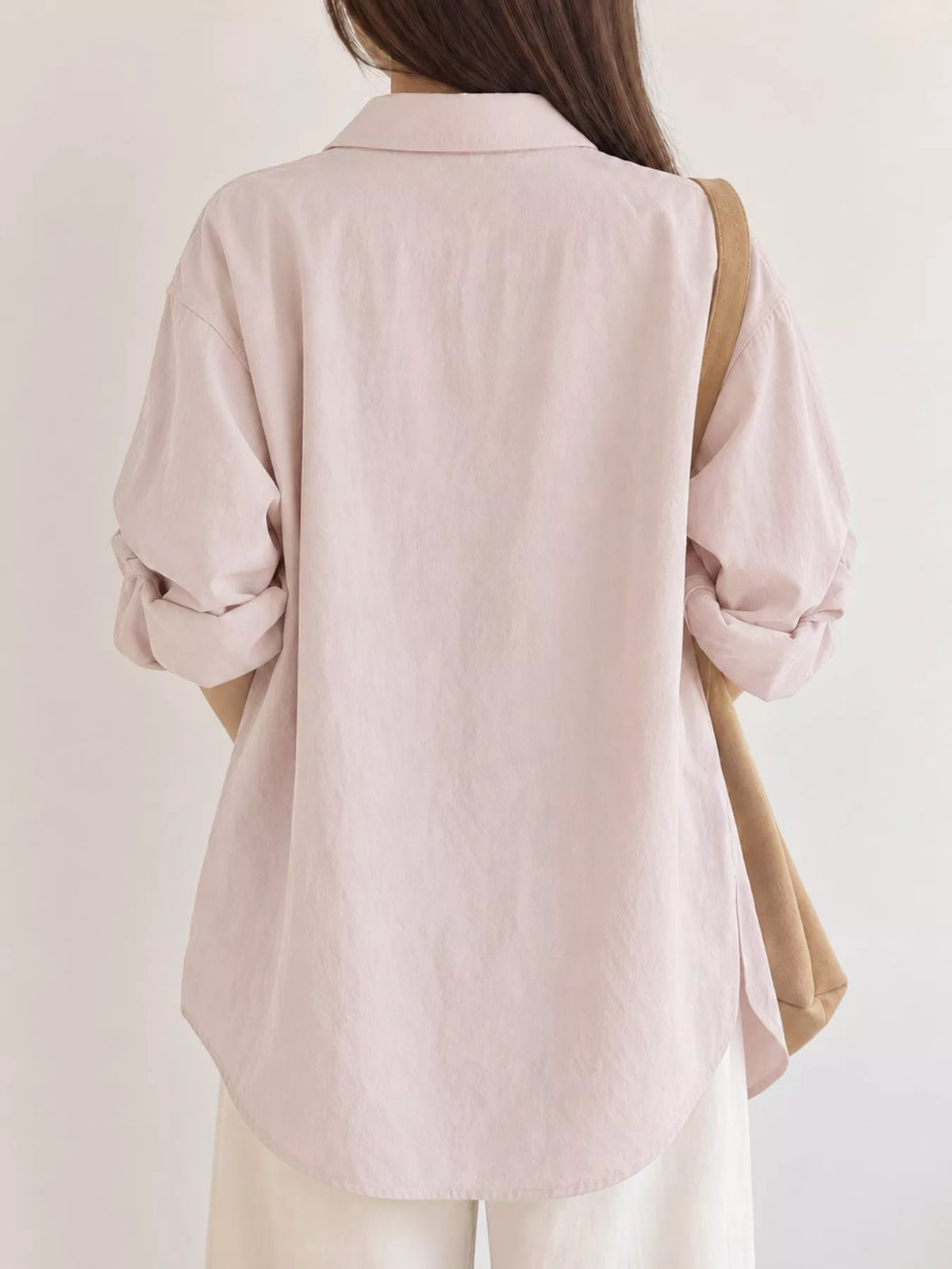 Pink button down long sleeve shirt, back view