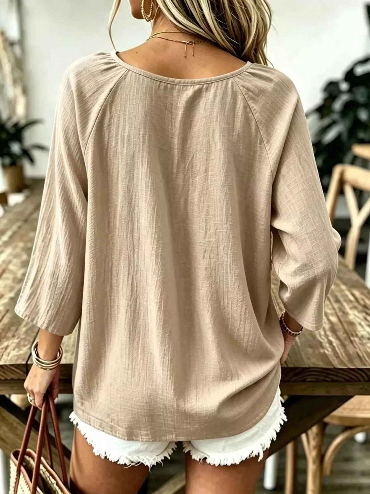 Textured V-Neck Casual T-Shirt, back view