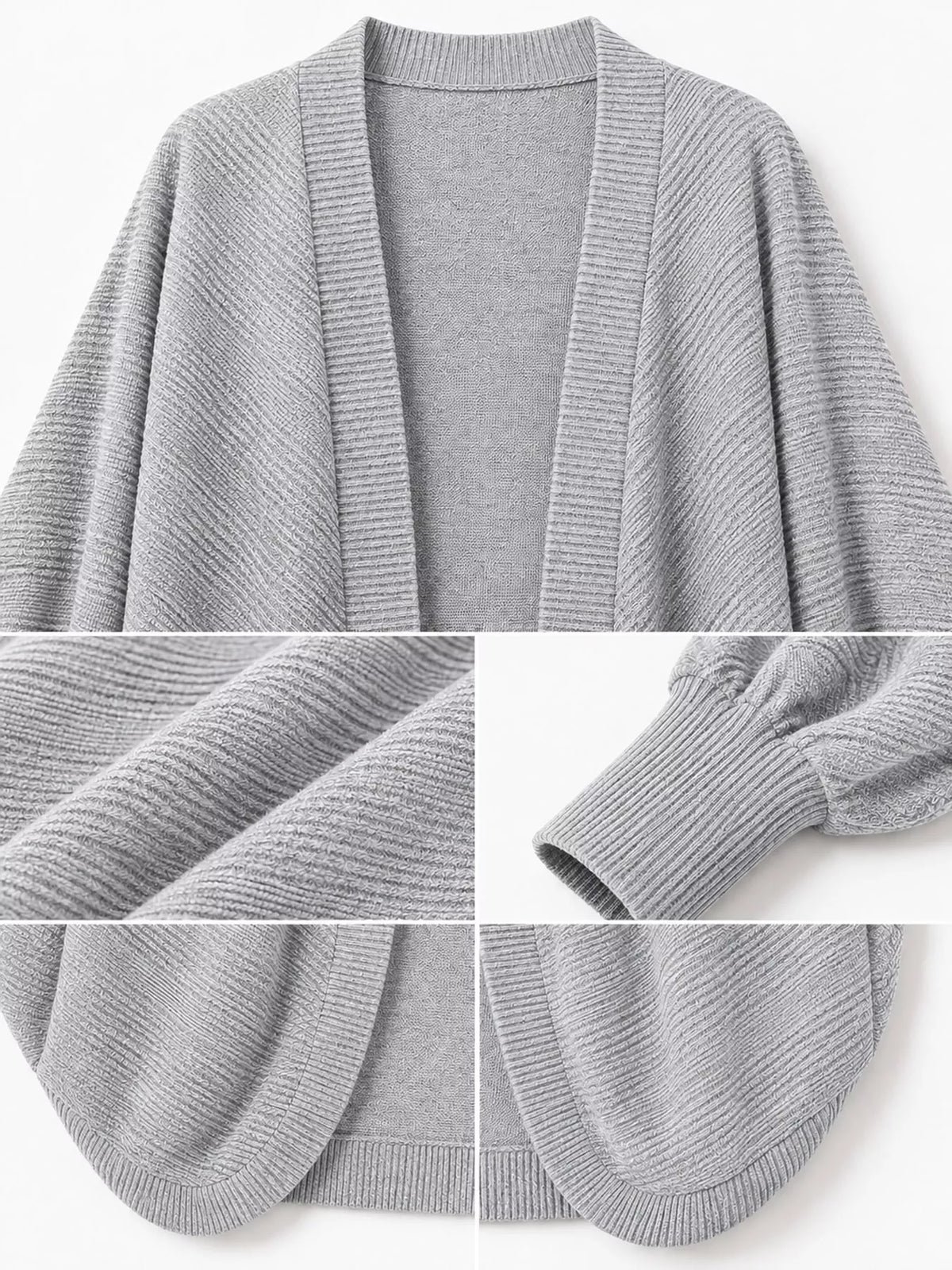 Light Gray open-front batwing sleeve cardigan, detail view
